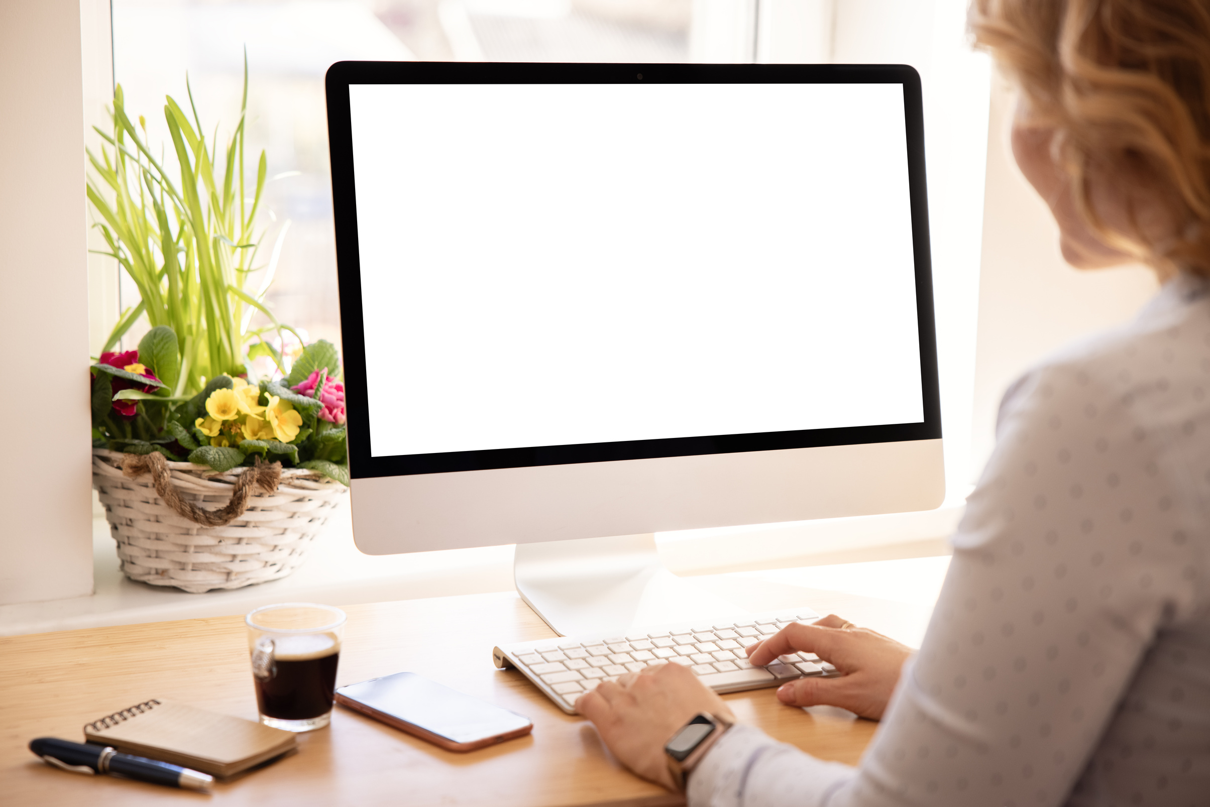 Woman Working with Desktop Computer Blank Screen Mockup